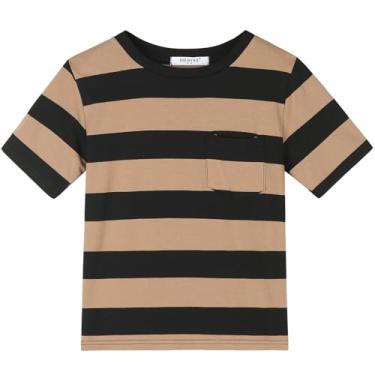 Imagem de DILBYKE Camisetas infantis de manga curta listrada gola redonda para meninos, algodão, 2-14 anos, ajuste solto, Preto e marrom, 13-14 Anos