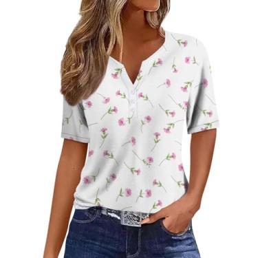Imagem de Camisetas femininas com estampa floral, caimento solto, blusa Henley de manga curta, roupas de férias de verão, Zz1-branco, XXG