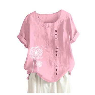 Imagem de Camiseta feminina de linho, gola redonda, mangas curtas, estampada, folgada, túnica de verão, roupas para sair, Rosa choque nº 2, 4G
