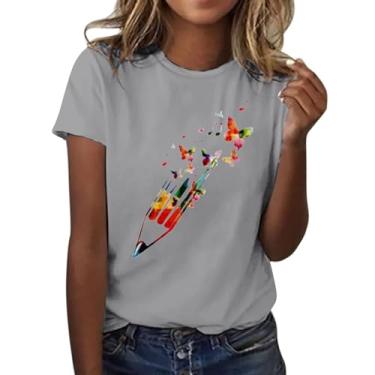 Imagem de Camiseta feminina de verão com estampa de borboleta, manga curta, gola redonda, túnica casual moderna, Cinza, 3G