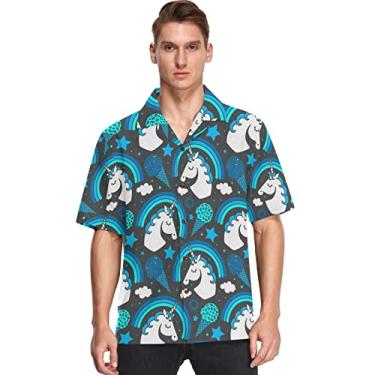 Imagem de Camisas havaianas masculinas manga curta Aloha Beach camisa azul unicórnio arco-íris floral verão casual camisas de botão, Multicolorido, M