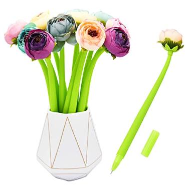 Imagem de SIPLIV Caneta esferográfica de tinta gel de flores artificiais criativas 12 peças caneta esferográfica preta líquida 0,5 mm tinta gel caneta esferográfica para meninas e mulheres, materiais de decoração escolar para escritório em casa - broto de flores