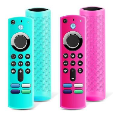 Imagem de (Pacote com 2) Capa protetora de silicone para controle remoto compatível com TV Stick, HD, 3ª geração, controles remotos 4K, capa de controle remoto antiderrapante com cordão (azul celeste e vermelho