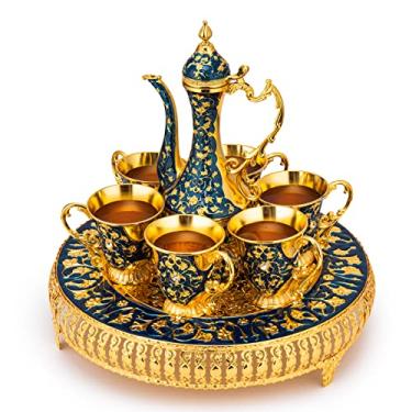 Imagem de Conjunto de bule de chá e café turco extragrande vintage para 6 da GUTE com bandeja de cristal grande e bule de chá dourado com cristal brilhante (azul) 480 ml - 6 copos de chá marroquinos vintage de