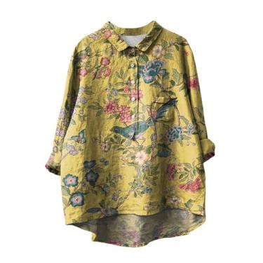 Imagem de Camiseta feminina de linho com estampa de flores, ajuste solto, gola lapela, botões, manga comprida, blusas casuais, Amarelo, G