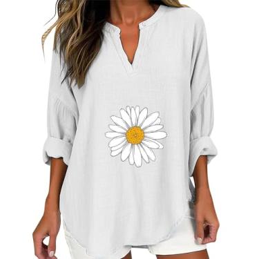 Imagem de Camiseta feminina com gola V, estampa floral, manga comprida, tamanho grande, casual, confortável, blusa para sair 2024, Roxa, P