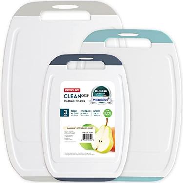 Imagem de Neoflam Microban Protection Tábua de corte para proteção, conjunto de 3 peças, sem manchas e odores/BPA, placa reversível, ranhura maior para suco, alça antiderrapante EZ Grip, segura para lava-louças, cinza