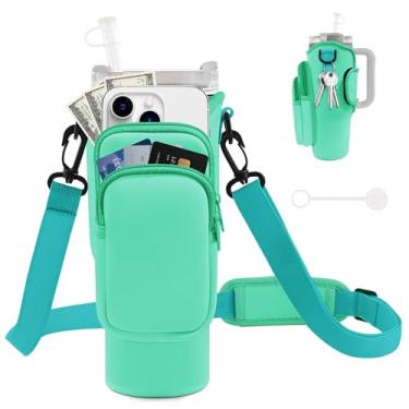 Imagem de Bolsa de Transporte de Garrafa de Água JEBEALUO, com Bolso para Celular, Acessório para Copo Stanley de 1.200/900 ml, Alça Ajustável, Tampa de Canudo, Verde