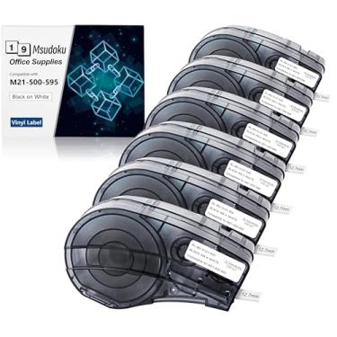 Imagem de Msudoku Pacote com 6 etiquetas de vinil de 1/5.1 cm de fita preta sobre branca compatível com cartucho de etiqueta M21-500-595-WT M21-500-595, 1,3 cm L x 53 cm C para identificação interna e externa,