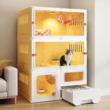 Imagem de Gaiola para gatos Gaiola para gatos, cercadinho para gatos DIY com caixa de areia para gatos, gabinetes altos para gatos de três camadas com ventilação de 360°, com porta deslizante transpar
