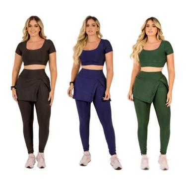 Imagem de Kit 3 Conjuntos Feminino Fitness Calça Legging Saia Abertura Fenda Lat