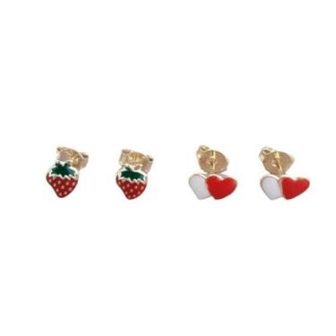 Imagem de Brinco Infantil  Kit 2 Pares Coração Morango Folheado Ouro - MIXFOLHEA