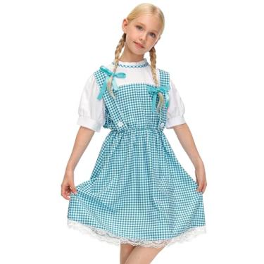 Imagem de IIMMER Vestido midi com mangas bufantes de Halloween azul guingão para meninas 5-14 anos, Azul e branco, 10 Anos