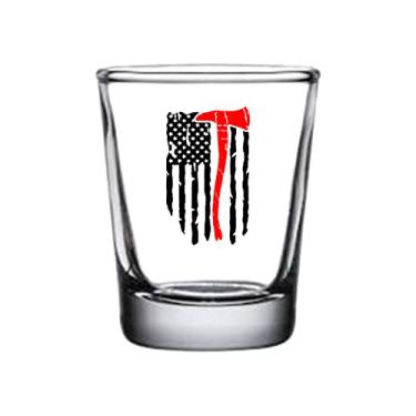 Imagem de Rogue River Tactical Tattered ondulado envelhecido linha vermelha fina bandeira machado shot glass presente para bombeiros bombeiros FD corpo de bombeiros