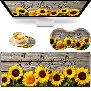 Imagem de Mouse pad grande para jogos + almofada de suporte de pulso + porta-copos de café, citação de girassol, tapete de mesa dobrável com borda costurada, almofada antiderrapante adequada para trabalho de escritório e casa