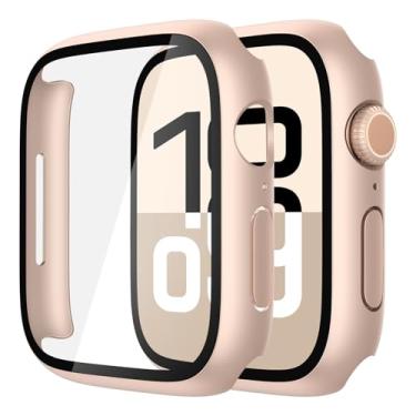 Imagem de Misxi Pacote com 2 capas de vidro temperado compatíveis com Apple Watch Series 11 (2025) Series 10 46 mm, protetor de tela de PC rígido proteção geral resistente a arranhões para iWatch, 1 ouro rosa +