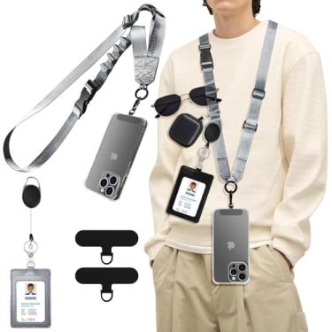 Imagem de SGVAHY Capa de telefone para iPhone 15 Pro com cordão transversal, porta-crachá de identificação com alça de ombro ajustável para iPhone 15 Pro, capa fina para mulheres e homens, cinza