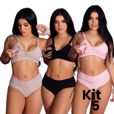 Imagem de Kit 5 Conjuntos de Sutiã Amamentação e Calcinha Cós Alto Cotton Confor