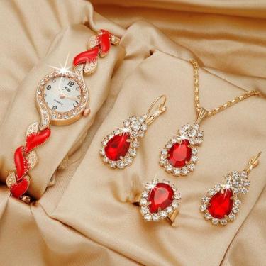 Imagem de Kit Relógio Feminino + Colar + Brincos + Anel - Vermelhos - Banhado a 