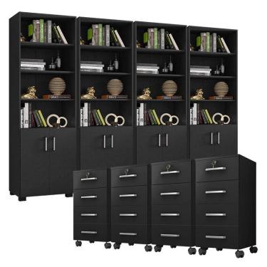 Imagem de Kit 4 Gaveteiros para Escritório Gávea com Chave e 4 Livreiros Office Portas Pequenas Preto Fosco - Móveis Leão