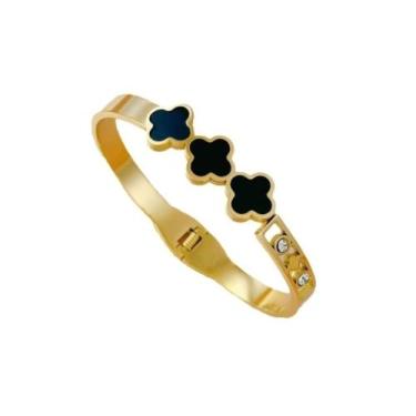 Imagem de Pulseira Bracelete Dourado Feminino Liso com Pingente pedras cristais 