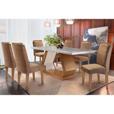 Imagem de Conjunto: Mesa de Cozinha Alvorada Tampo Madeirado c/ Vidro Reto 180x90cm e 6 Cadeiras Athenas Capuccino/Suede Capuccino - Rufato