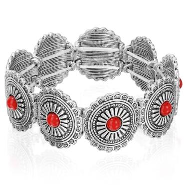 Imagem de Waist Wow Pulseira turquesa feminina boho vintage vaqueira ocidental pulseira elástica turquesa joia, One Size, Liga de aço Pedra preciosa, Ruby criado