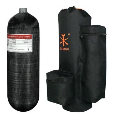 Imagem de TUXING Tanque de ar HPA de Paintball de fibra de carbono 4500psi 6,8L/414ci com sistema de ar PCP válvula de calibre duplo e bolsa de transporte (tanque de ar de 6,8 L + bolsa de transporte)