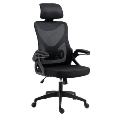 Imagem de SPOFLYINN Cadeira ergonômica para escritório em casa, encosto alto, cadeira de mesa de malha giratória com encosto ajustável, apoio de braço, apoio lombar para escritório, preto