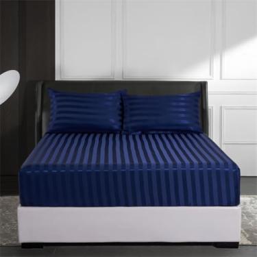 Imagem de ZiDeTang King Conjunto de lençóis de cama com listras de cetim sedoso, respirável e refrescante, confortável, luxuoso, macio, sem rugas, cor azul marinho