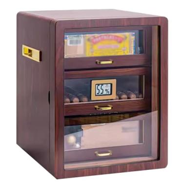 Imagem de Pequeno Cedro hidratante termômetro caixa de charuto três fumaça grosso armário de charuto visível janela transparente caixa de charuto grande capacidade Feito à mão