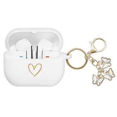 Imagem de AIIEKZ Compatível com Samsung Galaxy Buds 3 Pro e Galaxy Buds 3 (2024), capa de silicone macio com padrão de coração dourado com chaveiro de borboleta fofo para meninas e mulheres (branca)