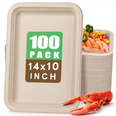 Imagem de Gezond Pacote com 100 bandejas descartáveis de 35,5 cm, pratos de papel grandes ecológicos, resistentes, pratos compostáveis de cana de açúcar para lagosta, churrasco, frutos do mar, suprimentos de