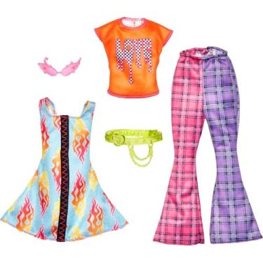 Imagem de Barbie Roupas e Acessórios, Vestido Fogo, Calça boca de sino Xadrex, camiseta laranja, óculos e cinto HJT34 Mattel
