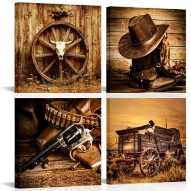 Imagem de iLOOKLiKE Chapéu de caubói ocidental decoração de parede bota sela couro rancheiro impressões arte rodeio oeste americano pintura vintage estilo marrom imagem para quarto masculino escritório fazenda