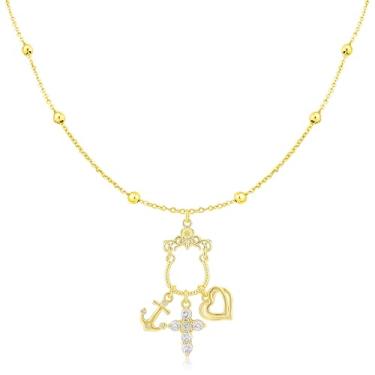 Imagem de Colar com pingente de ferradura de ouro para mulheres banhado a ouro 14K com pingente de ferradura de zircônia cúbica banhado a ouro 14K com pingente de âncora de navio, pingente de coração de amor,