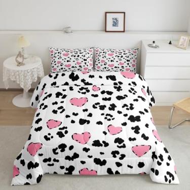 Imagem de Feelyou Jogo de cama solteiro com estampa de vaca, coração, rosa, preto e branco, para meninos, meninas, adolescentes, animais leiteiros, respirável, conjunto de edredom para fazenda, conjunto de