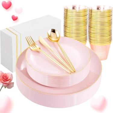 Imagem de MirthMood 210 peças de pratos de plástico rosa com borda dourada – conjunto de pratos de plástico inclui 30 pratos de jantar, 30 pratos de sobremesa, 30 xícaras e 30 guardanapos 90 talheres dourados