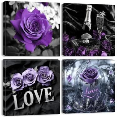 Imagem de Arte de parede de flor de rosa roxa para quarto de mulher decoração de parede preto e branco vintage impressão em tela floral vinho imagem sinal de amor pintura arte moderna cozinha sala de estar