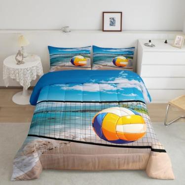 Imagem de Conjunto de edredom de vôlei, tamanho king, praia, tropical, romântico, havaiano, para decoração de quarto de crianças, meninos, meninas, tema de jogo de esportes de bola, 3 peças, conjunto de colcha