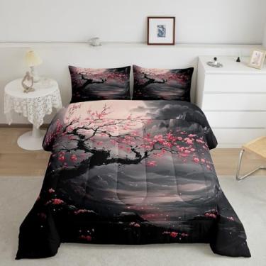 Imagem de Feelyou Conjunto de edredom casal com flores de cerejeira rosa, estilo japonês, para decoração de quarto de crianças, meninas, mulheres, homens, conjunto de edredom romântico, lua noturna, exótico, 2