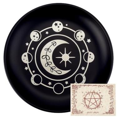 Imagem de CREATCABIN Fase Lua Estrela Oferecendo Tigela Altar Prato Ritual Aço Inoxidável Tigela Plana Bandeja Redonda Prato de Oração Prato de Vela com Cartão Preto Jóias Prato para Manchas de Incenso