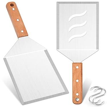 Imagem de Conjunto de 2 espátulas de hambúrguer de metal extragrande, espátula de hambúrguer Leonyo resistente de aço inoxidável, como acessórios de grelha de ferro fundido para churrasco, cabo de madeira,