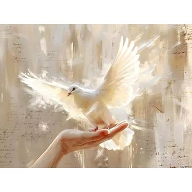 Imagem de QLTBPVJK Kits de pintura de diamante Jesus para adultos The Dove Falls on Jesus' Hand Religião Cristo Diamond Art Full Drill Round Gem Art 5D Diamond Dots para decoração de parede de casa 30,5 x 40,6