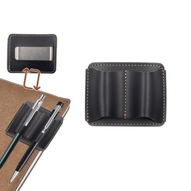 Imagem de ORNAROVI Suporte de caneta de couro para notebook, pequeno suporte feito à mão com clipe, 7 x 5,8 cm, compartimento duplo para agenda, livro, prancheta (preto, 1 peça)