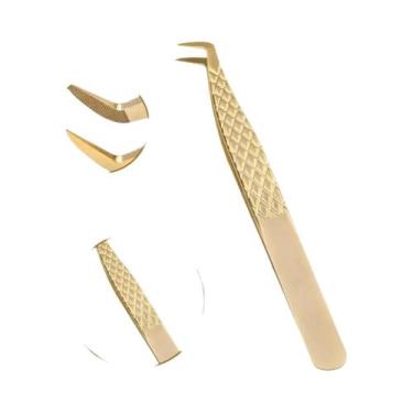 Imagem de Pinça Profissional para Extensões de Cílios com Pontas de Fibra Dourad