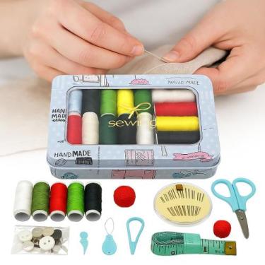 Imagem de Kit Costura Completo Linha e Agulha Estojo de Lata Decorativo Para Lev