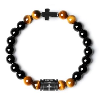 Imagem de ketryep Pulseiras masculinas com contas de pedra vulcânica natural de 10 mm, ônix preto e olhos de tigre, pulseiras cruzadas com versículo bíblico para homens, Natal, aniversário, presentes religiosos