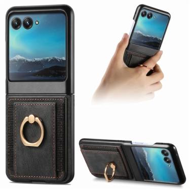 Imagem de FocRelaxer Capa de couro para Motorola Razr 50 com compartimento para cartão com bloqueio RFID, capa protetora durável de couro PU capa carteira para Moto Razr 2024 preta