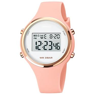 Imagem de Gosasa Relógios femininos para esportes ao ar livre, moda feminina, casual, calendário, exibição de semana, alarme, impermeável, pulseira de borracha, relógio digital de LED, rosa, Esportivo